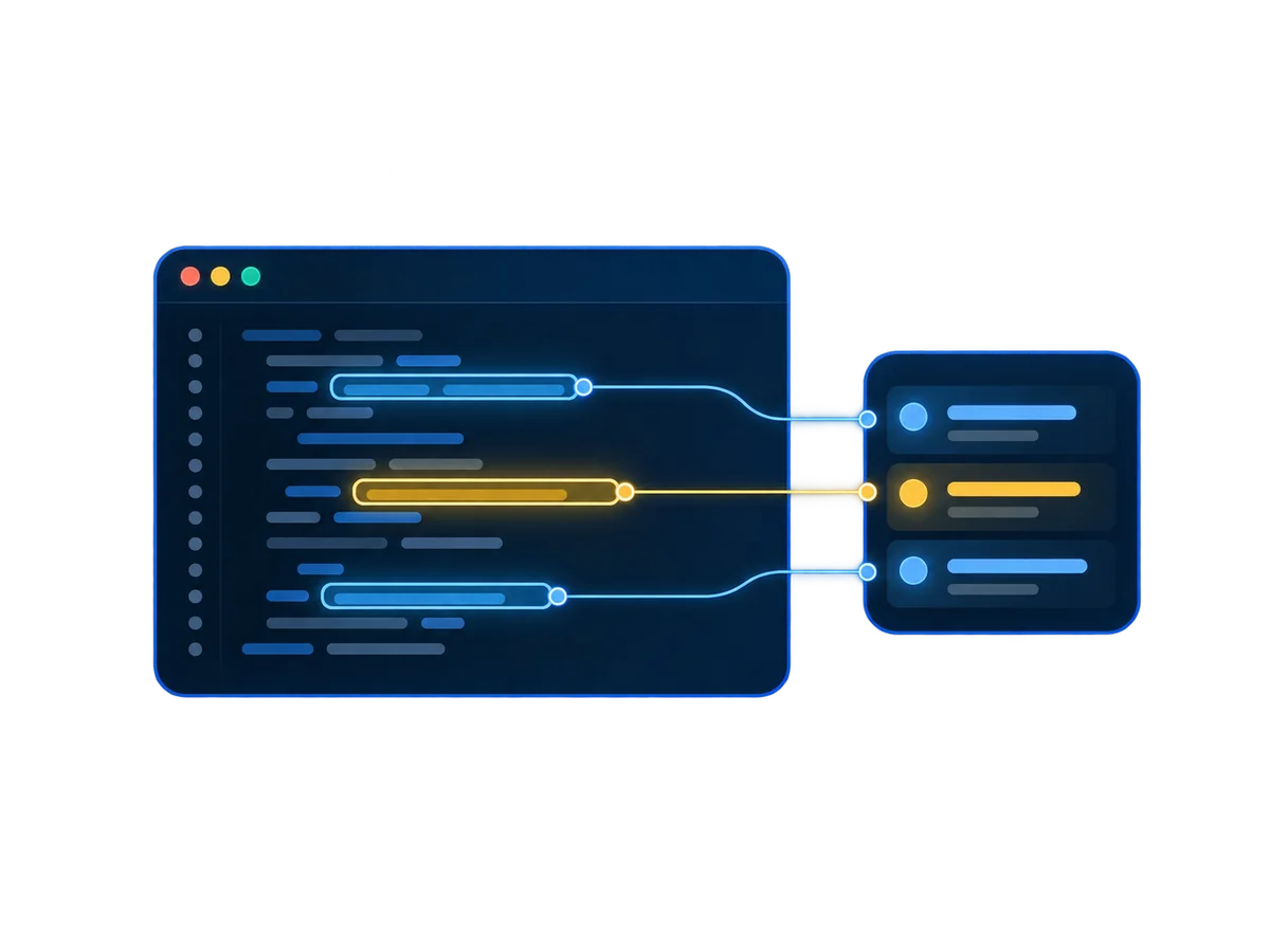 Selected code phrases connect to their recorded change.