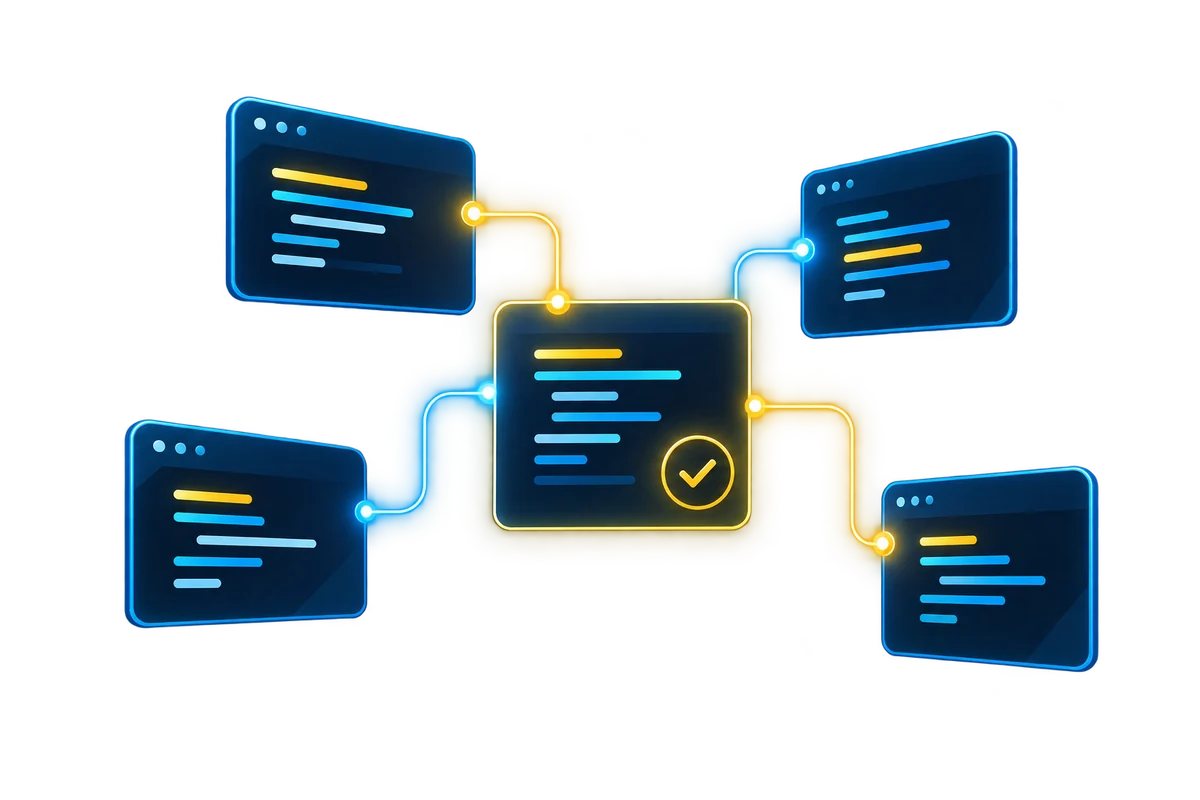 Multiple coding tools connected to one shared change record.