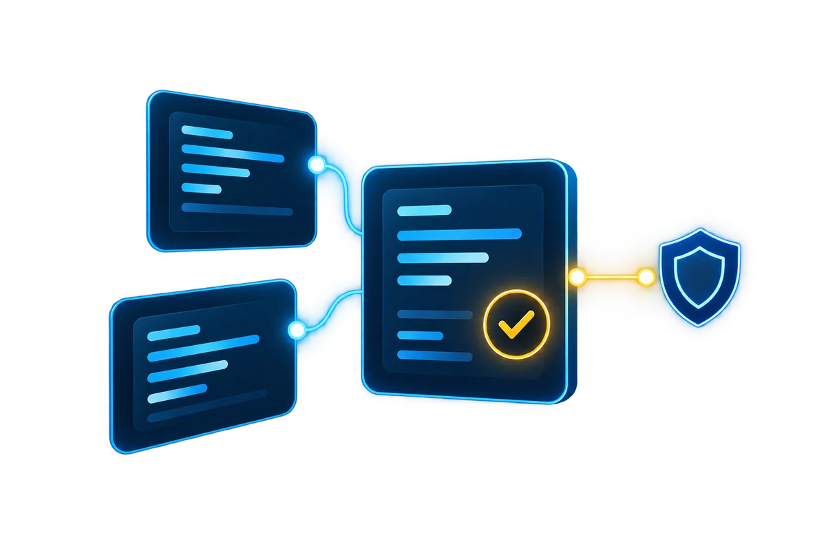 Linked change records with a verification symbol.