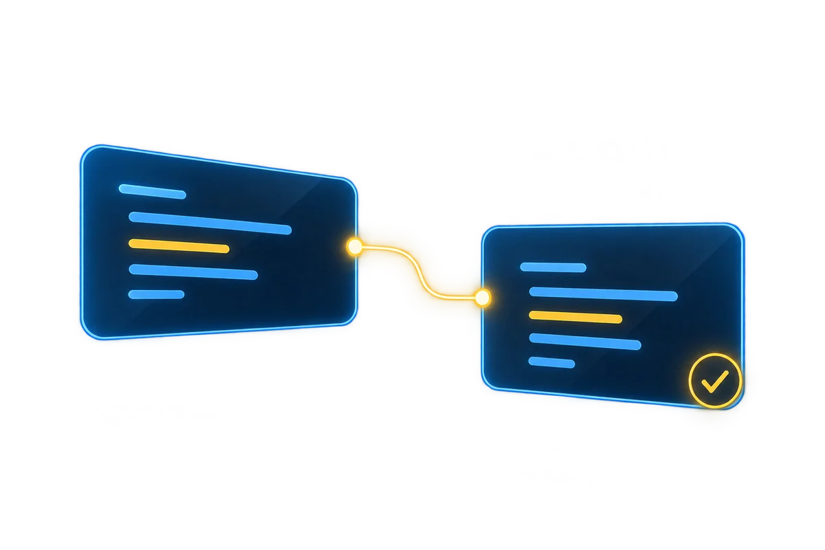 Linked change records with a record-verification symbol.